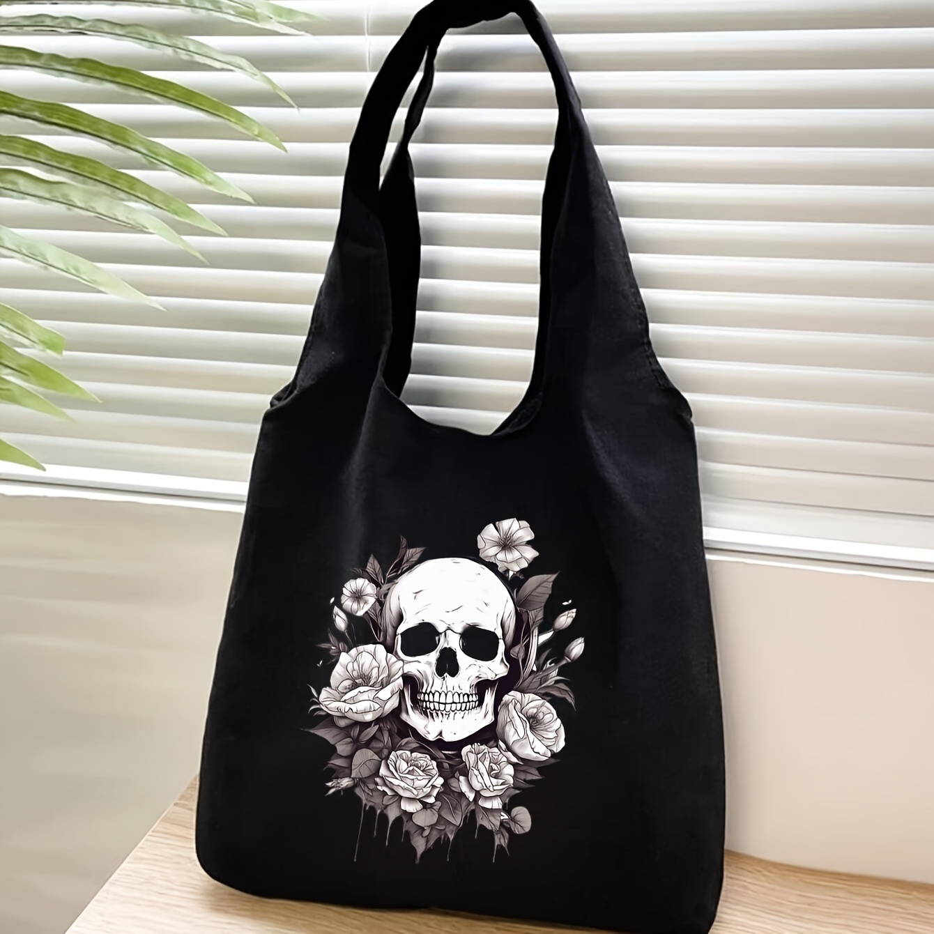 

[ Tote] Large Gothic Chic Black Tote Bag With White Skull & - Nylon, Foldable Shoulder Bag For Shopping, Parties, Weddings & Crafts, Large Tote Bag