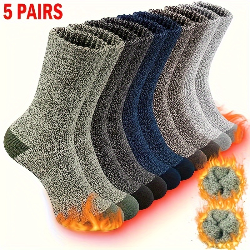 

Men's Warm Hiking Socks - Comfortable Towel Sole, Solid Color, Knit Fabric, 100% Polyester, Mid-calf Height, Ideal For Outdoor Activities And Cold Weather - 5 Pairs Pack