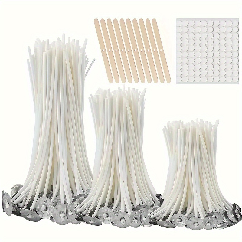 

410pcs/sets, 300pcs Smokeless Candle Wicks, Waxed Wicks, 100pcs Candle Wick Stickers, 10pcs Wooden Wicks Support, For Diy Candle Making Findings, 10cm/3.9inch, 15cm/6inch, 20cm/8inch (total 410pcs)