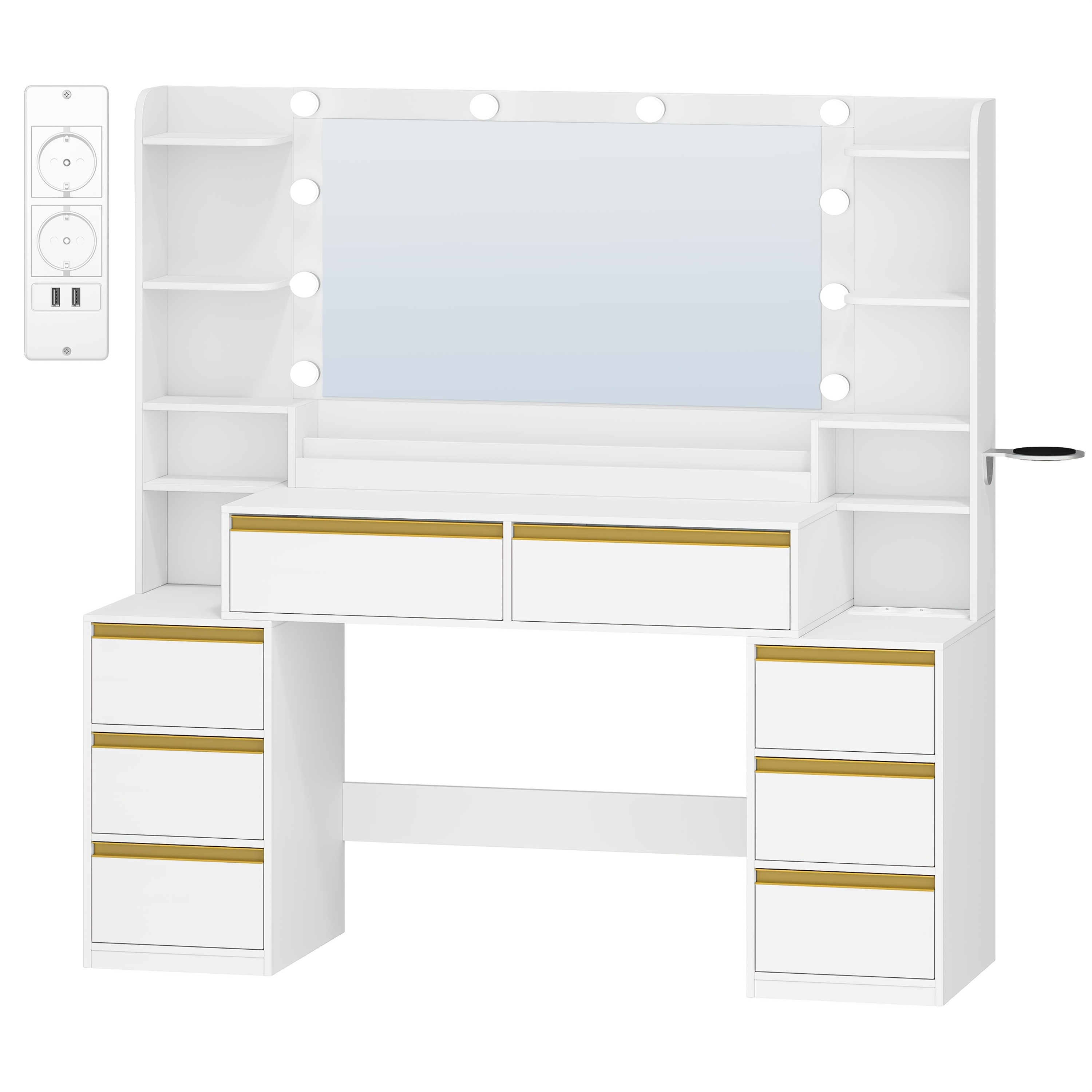 Image of A 135 Cm Dressing Table Featuring A Mirror, A Makeup Station, 3 Adjustable Brightness Led Lights, A Power Socket, A Hairdryer Holder, Drawers, And An Open Shelf, In Platinum Color