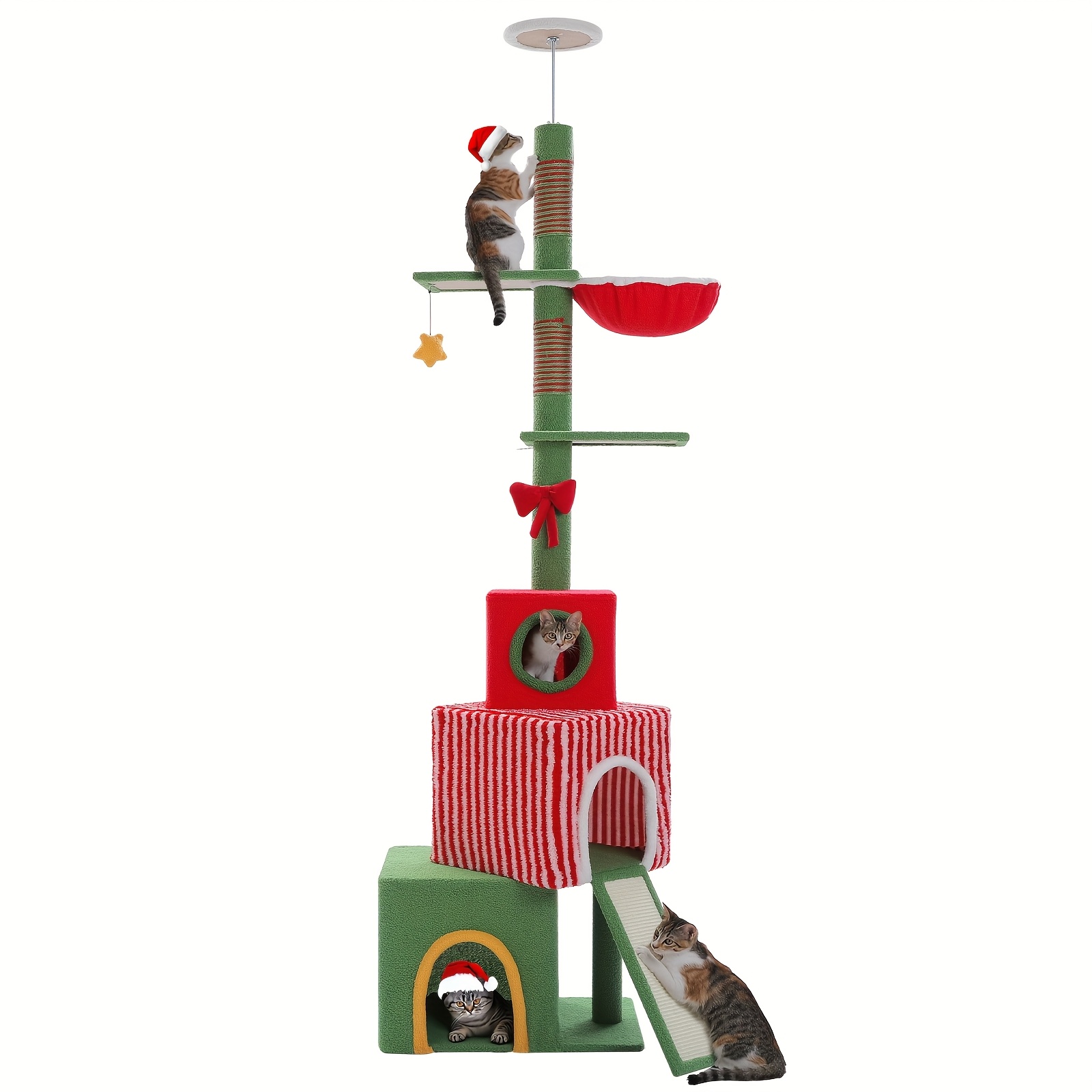 Image of Road Christmas Floor-to-ceiling Cat Tree - Adjustable Height Cat Tower With 3 Gift Box Condos, 2 Sisal Posts, Hammock & Scratching Ramp, For 3- (78.5x66.5cm Base, 276cm )