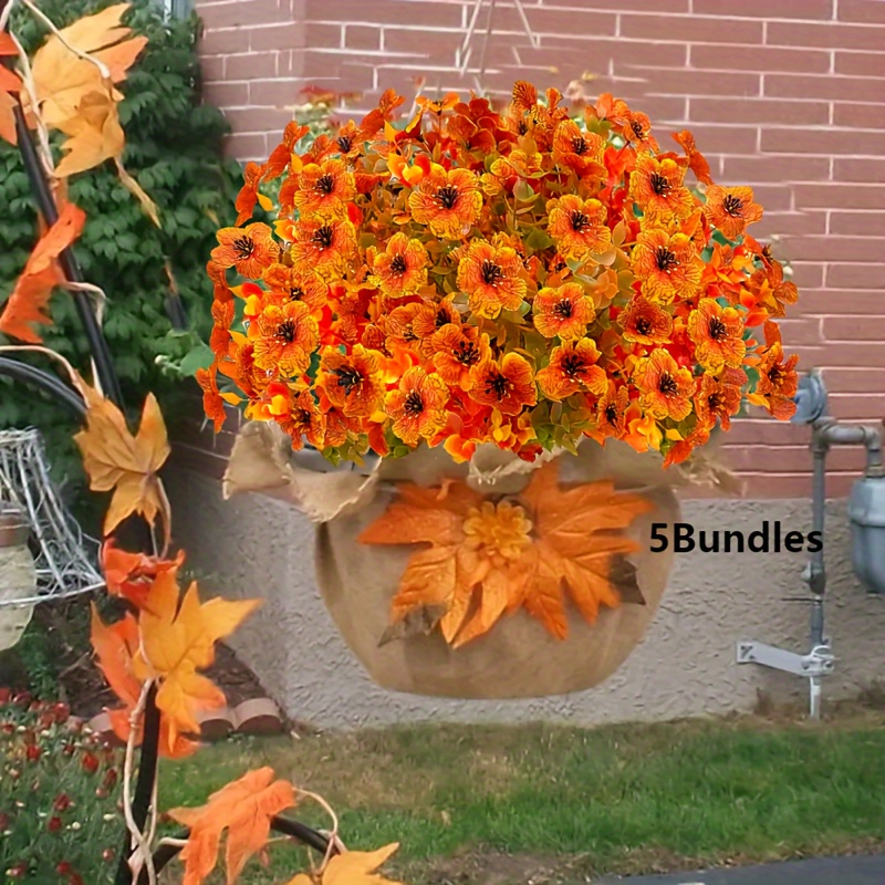 

5bundles Artificial Mother Autumn Flowers Of Outdoor Fake Plants Indoor And Outdoor Green Wood, Non Fading Plastic Shrubs Decorate Farmhouse Home Garden , Thanksgiving Decoration (orange Green)