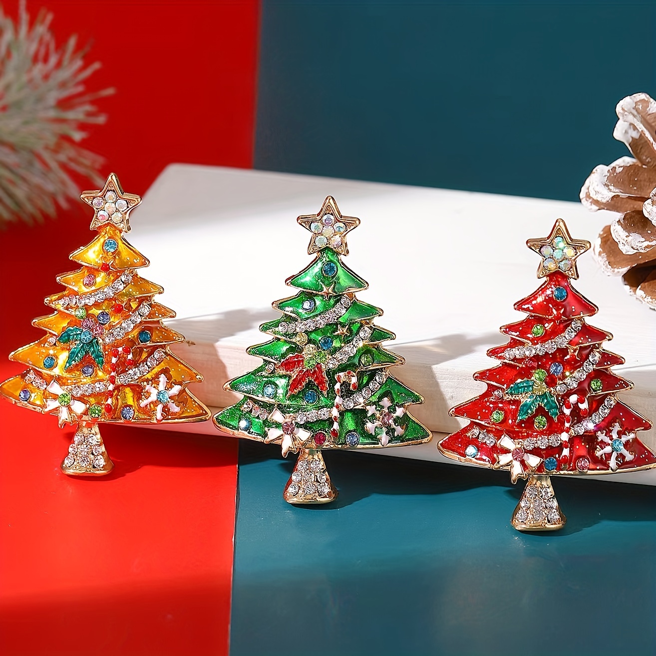 

Sparkling Christmas Tree Brooch Pin Set - Colorful Gemstone & Designs, Copper Alloy, Festive Holiday Accessory For Women, Ideal Gift For Celebrations, Christmas Decorations