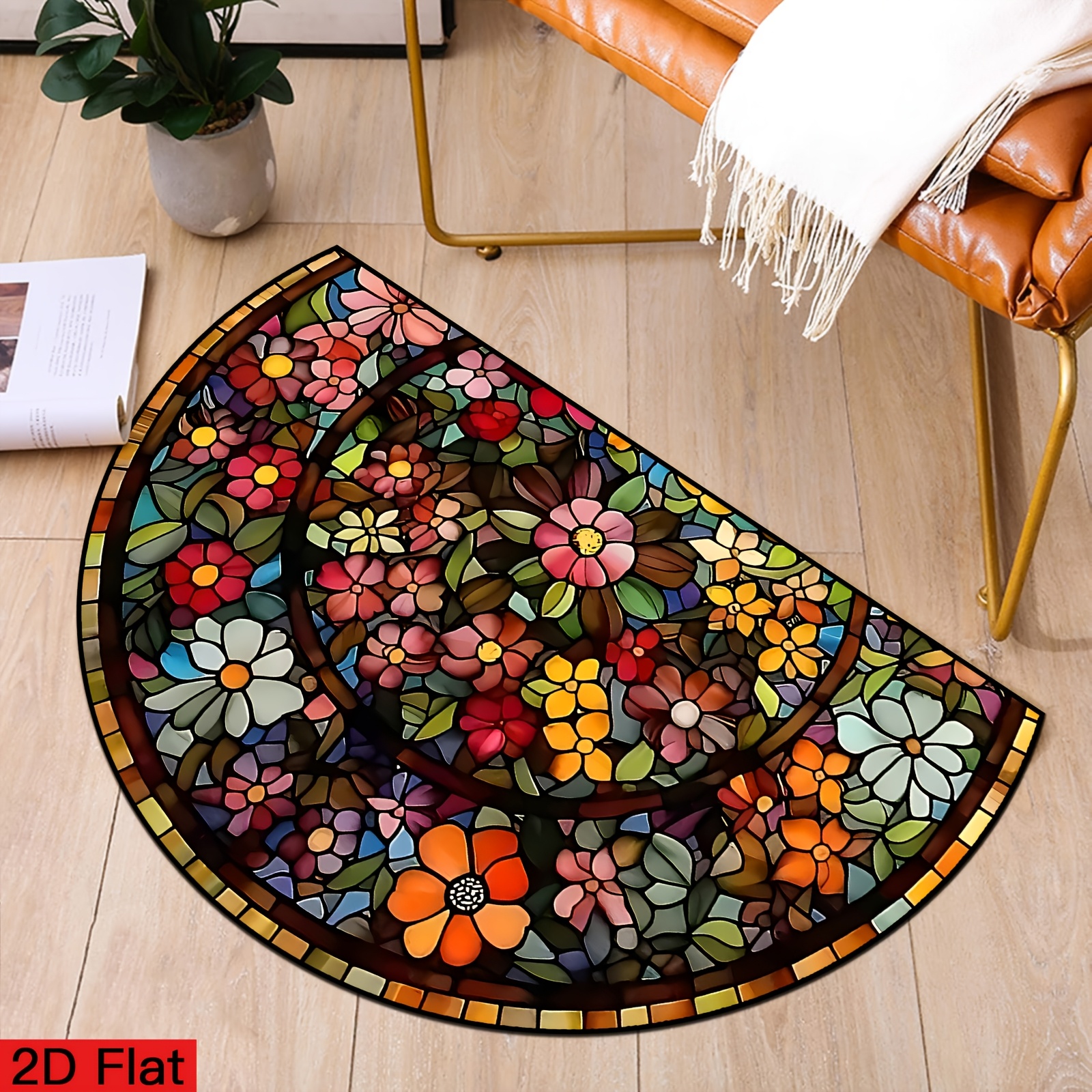 E-shop 2D Flache 1-teilige Halbmondförmige Fußmatte, Goldene Diamant-Samt-Außentürmatte, Entworfen mit Mandala-Blumenmuster, Sie ist waschbar und