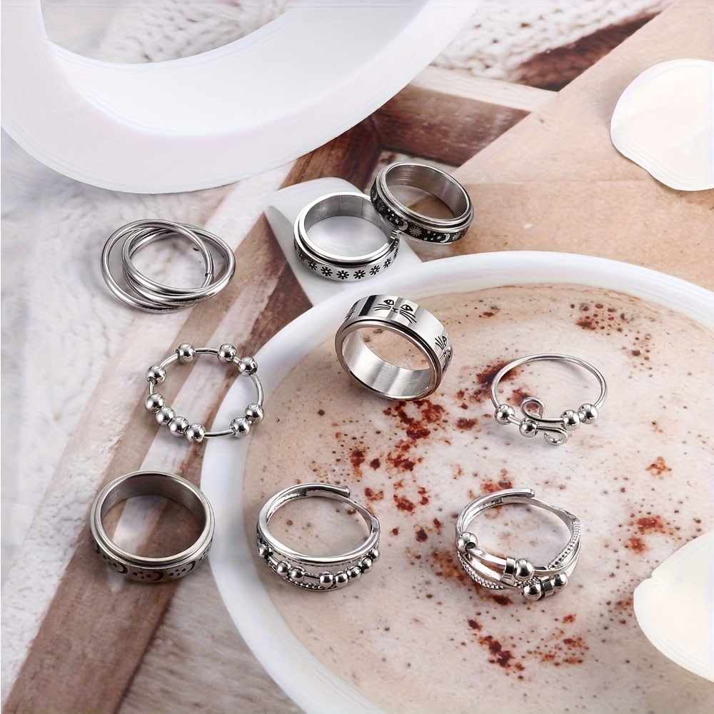 9pcs 316l stainless steel spinner rings fidget rings for anxiety for teenager teenager anti anxiety ring with   moon star stress relieving rings set for teenager Product details 1