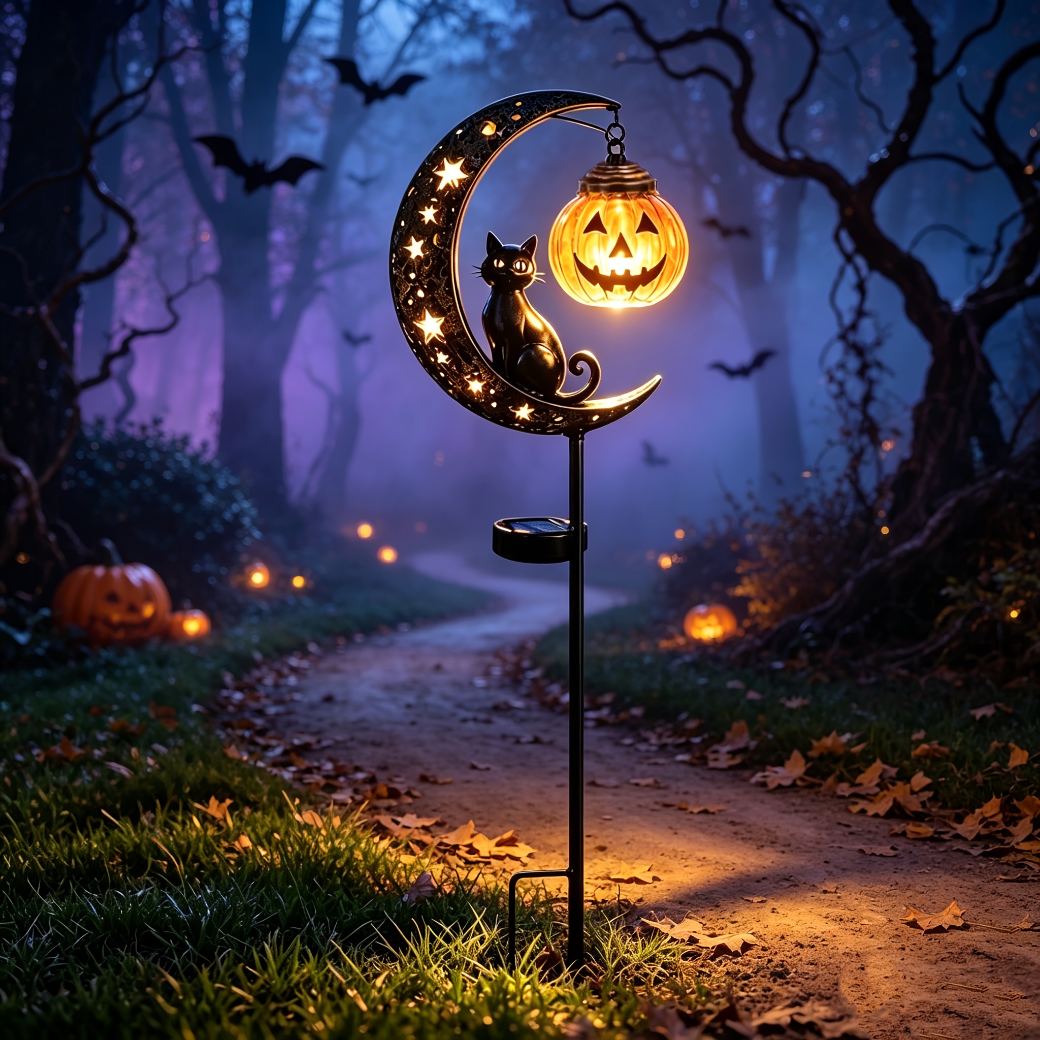 TEMU Outdoor Home Decoration Halloween Solar Lantern Black Cat Lawn Light, Bent Cat Pumpkin Lantern Pendant Outdoor Decoration, Moon Drop Lamp,