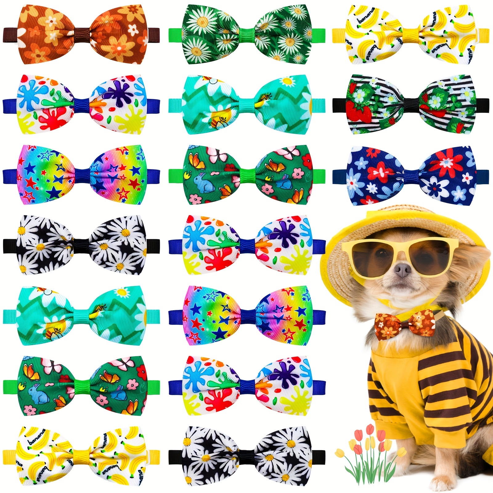 

15-pack Adjustable Cute Pet Bow Ties In Mixed Colors - Perfect For Dogs & Cats, All Seasons, Polyester, Easy Clip-on Design