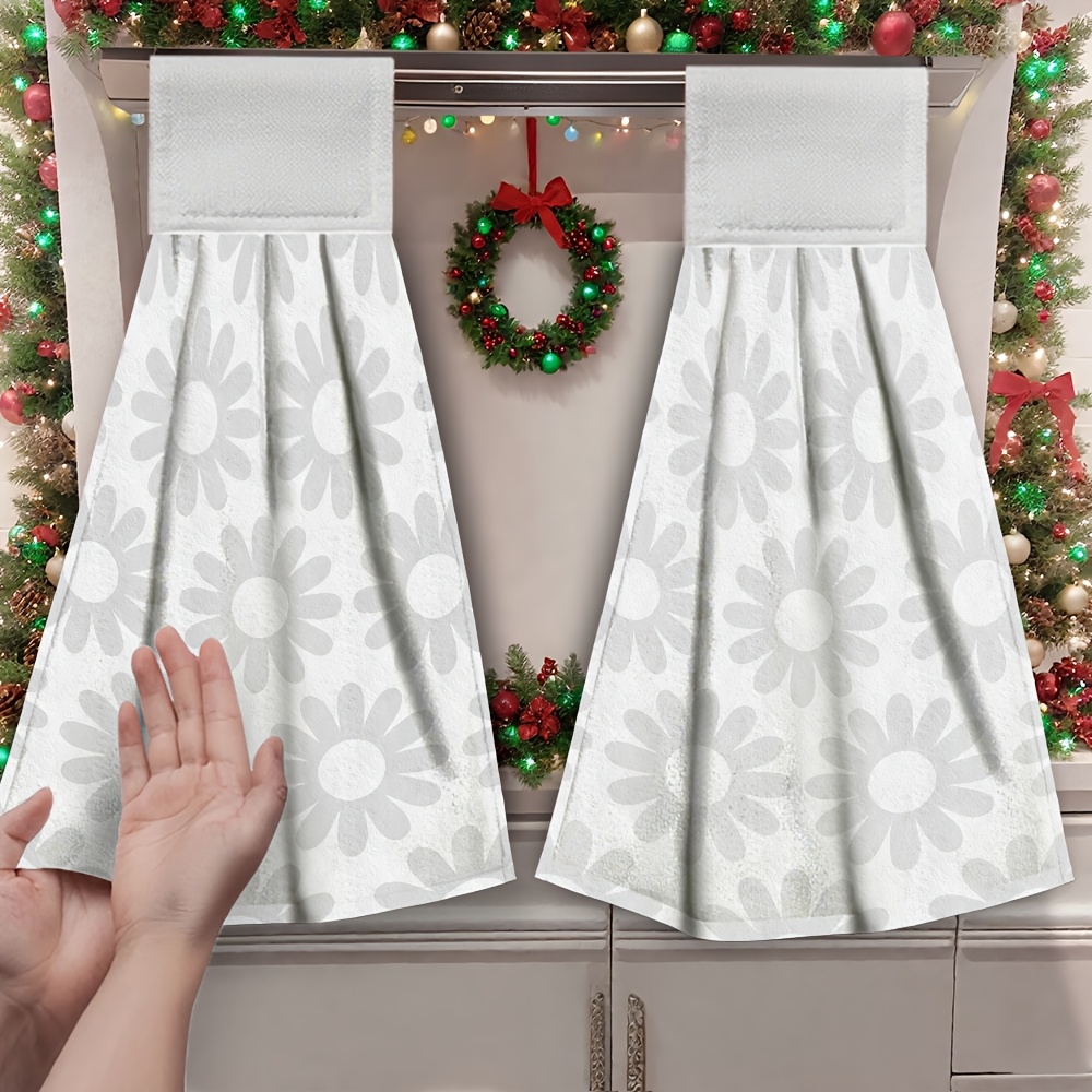 TEMU 2pcs Hanging Hand Towel Daisy Pattern Printed White Background Tea Towel, Soft Microfiber Material, Strong Absorbency, Aesthetic Easy Design,