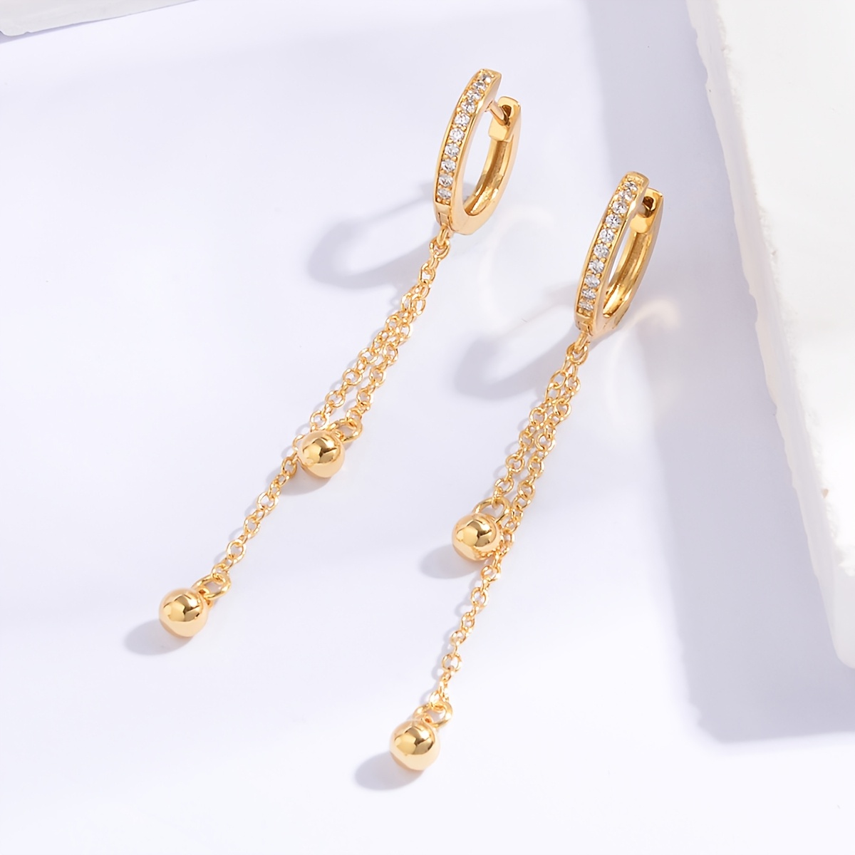 Image of A Pair Of Stylish Personalized Zirconia-inlaid Hoop Tassel Round Ball Pendant Earrings