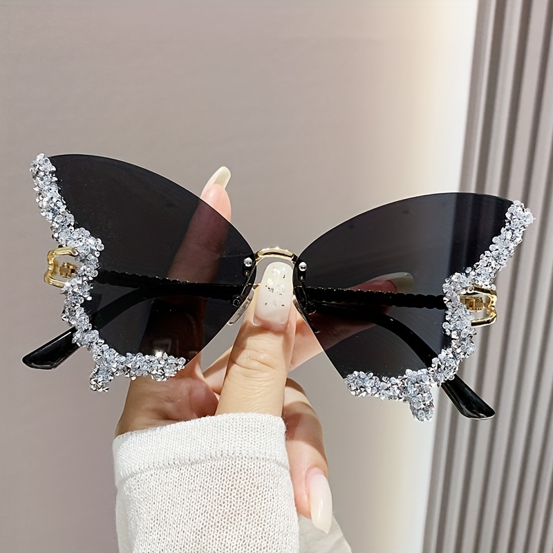 

Butterfly Rimless For Women Bling Rhinestone Gradient Decorative Shades For Costume Party Prom Fashion Glasses