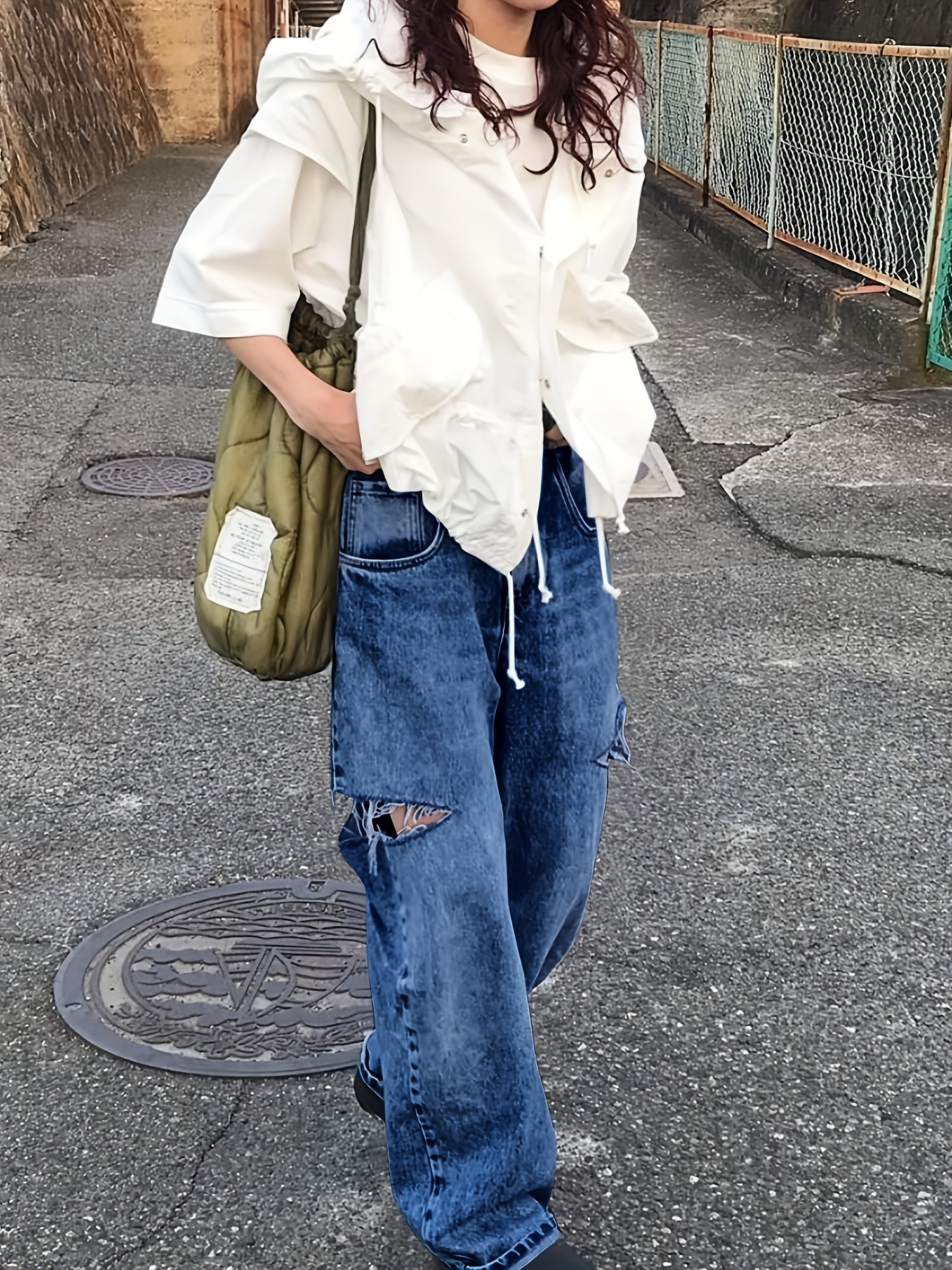 womens high waisted baggy jeans side cut wide leg stretchy Temu