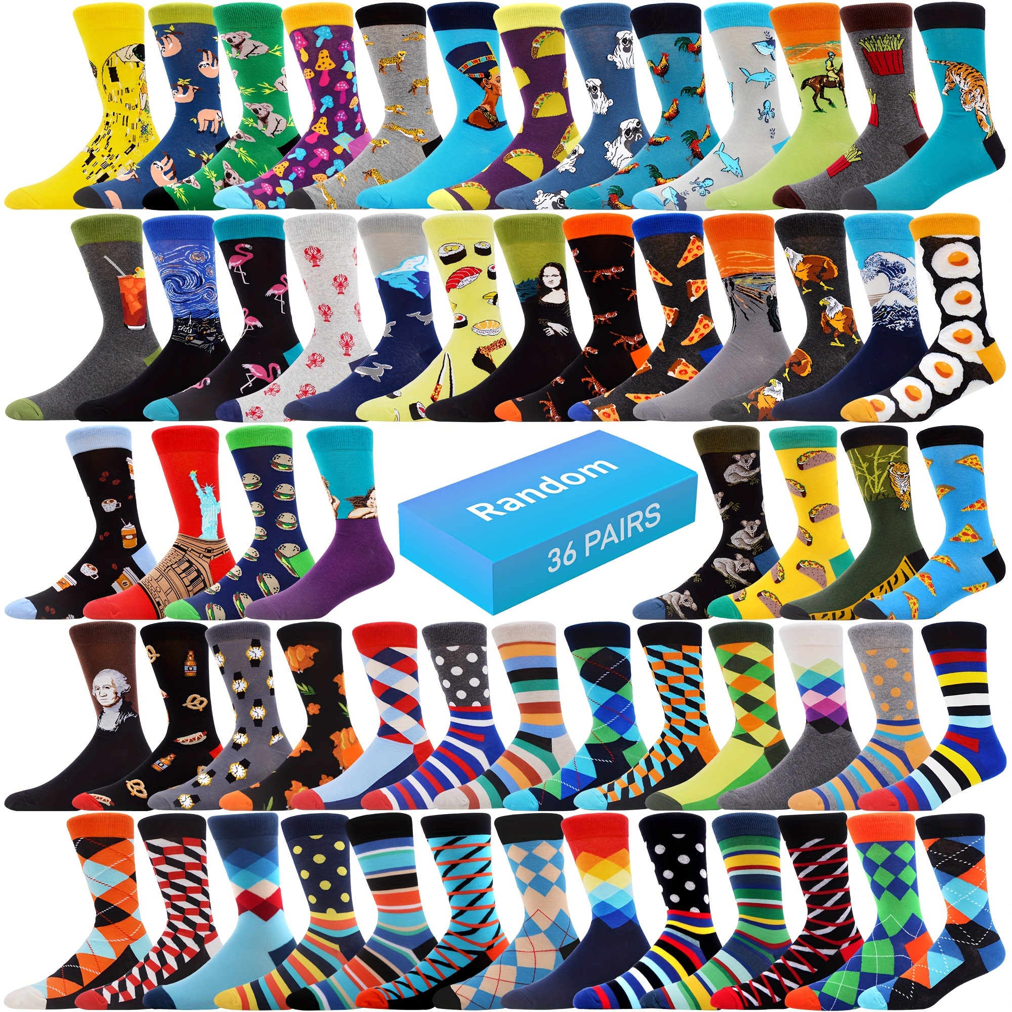 

36 Pairs Men's Socks Funny Colorful Cotton Crew Socks Random Pattern (us Sizes 7.5-12)