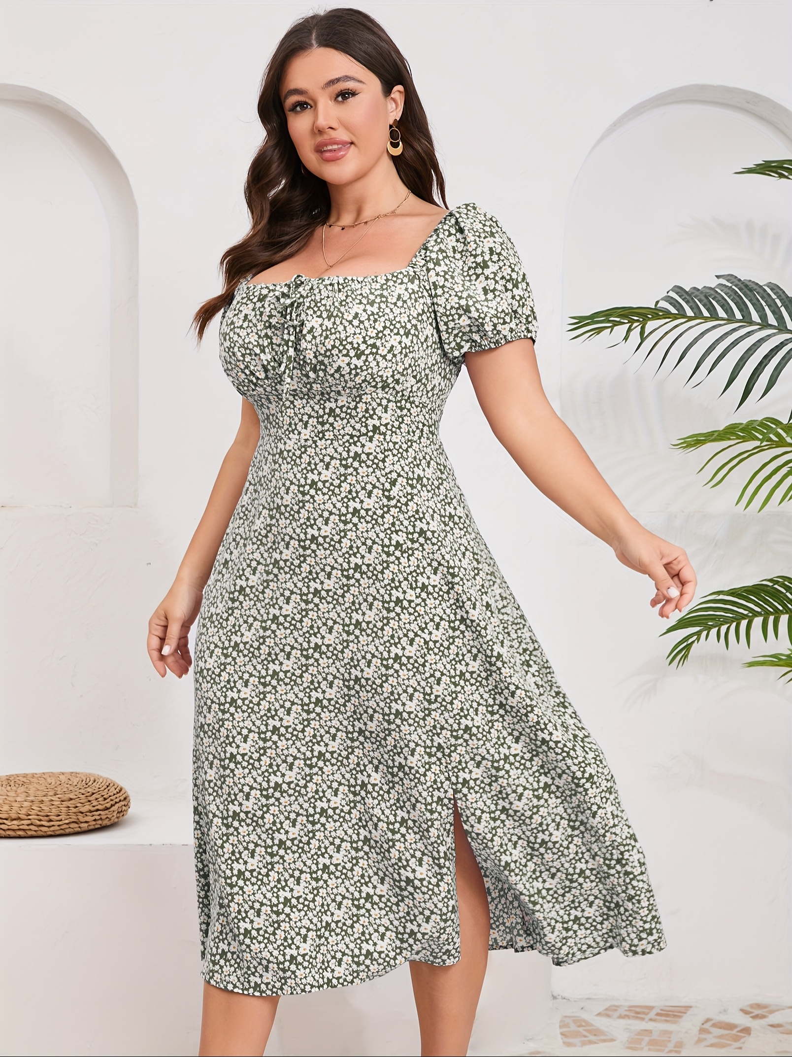 womens plus size puff sleeve floral maxi dress square neck - Temu