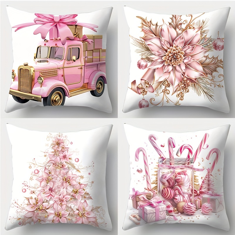 

Contemporary Christmas Throw Pillow Covers Set Of 4 - Woven Polyester Zippered Pillowcases 45cm, Hand Washable, Printed Home Decor For Sofa And Living Room - Pink Golden Seasonal Cushion Covers