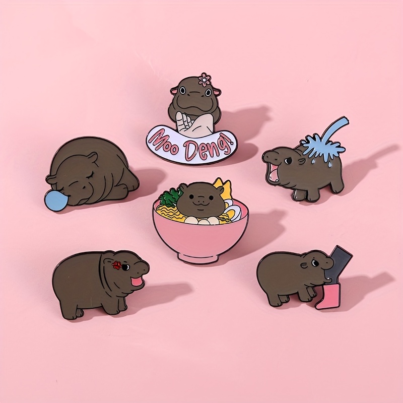 

6pcs Set Cute Hippo Enamel Pins - Animal Brooches For Bags & , Fashionable Alloy Jewelry Gifts