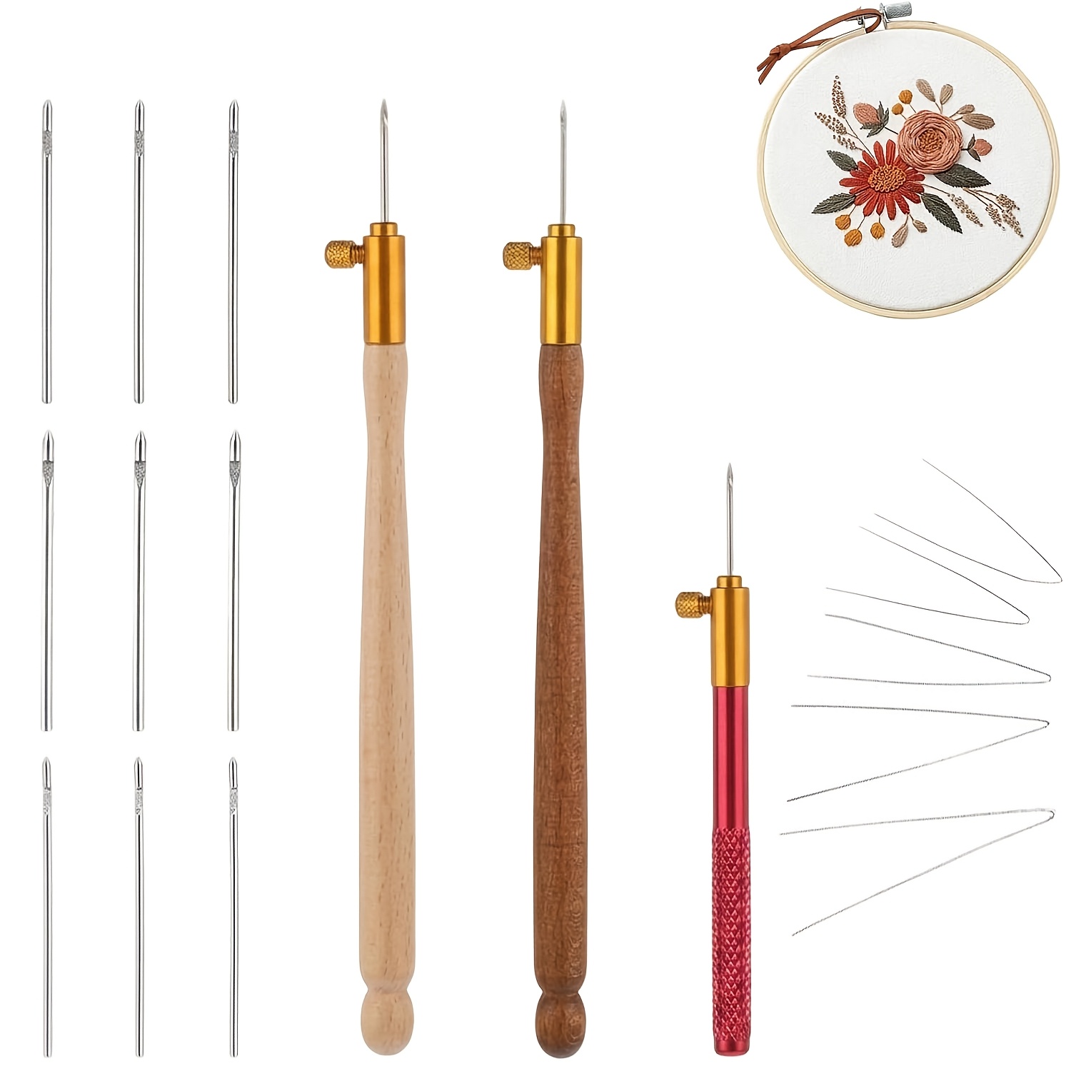 TEMU Tambour Crochet Hook Set French Embroidery Punch Needle Kit With Interchangeable Needles & 5pcs Beading Tools Wooden Metal Handle For Beading