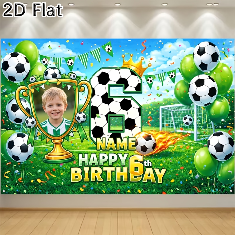TEMU 2d Flat - 2d Flat - 1pc [2d Flat] Banner Customizable Soccer Themed 6th Birthday Party Backdrop With Photo Frame, Name Personalization, Balloons