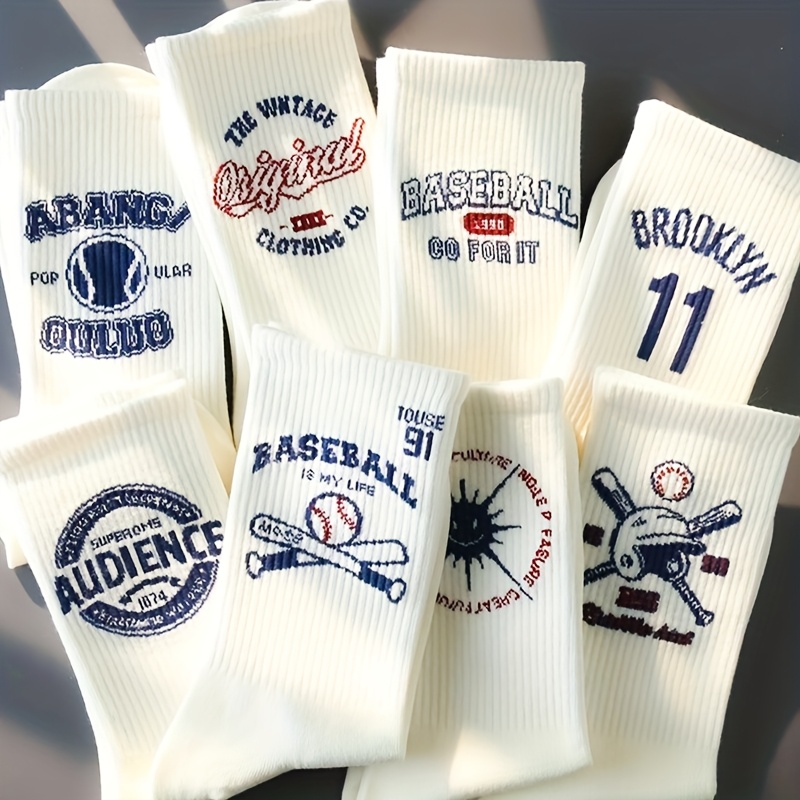 E-shop 5 Paar Herren-Baseball-Themen-Socken bis zur Wade, Bequem & Atmungsaktiv, Verschiedene Vintage-Muster mit Geometrischen Mustern, für