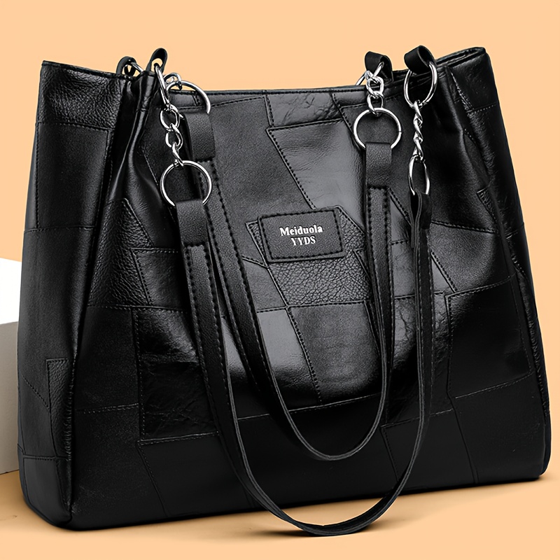 TEMU Bolso Tote de Mujer Vintage Patchwork de Gran Capacidad | Bolso de Axila de Fácil, al /, con Correa de Cadena, para el Desplazamiento Diario -