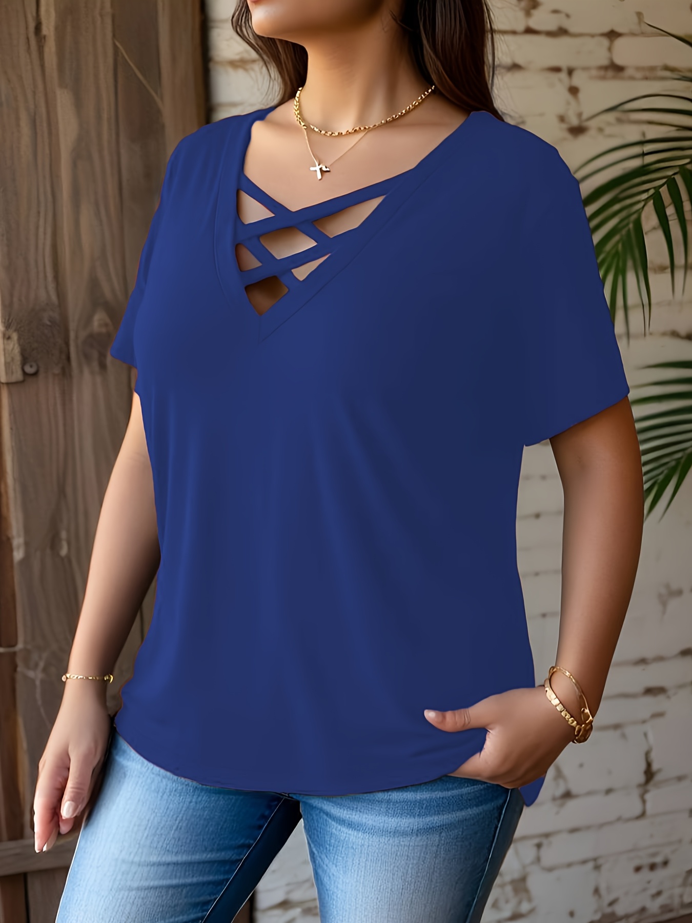 women's plus size v neck t shirt elegant cross strap short
