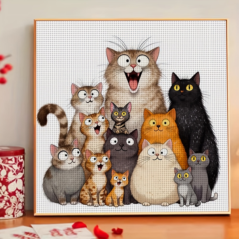 TEMU 1 Set 11ct Frameless Cross- Kit - A Group Of Cute Cats, Home Decor Art Hand Embroidery Kit, Including Pattern Fabric And Thread, Needle, Very