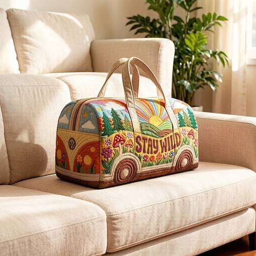 bohemian vintage bus print travel tote bag featuring full coverage natural scenery and wild slogan vibrant with a a large capacity tote style suitable for short trips gym workouts or as a garment storage bag
