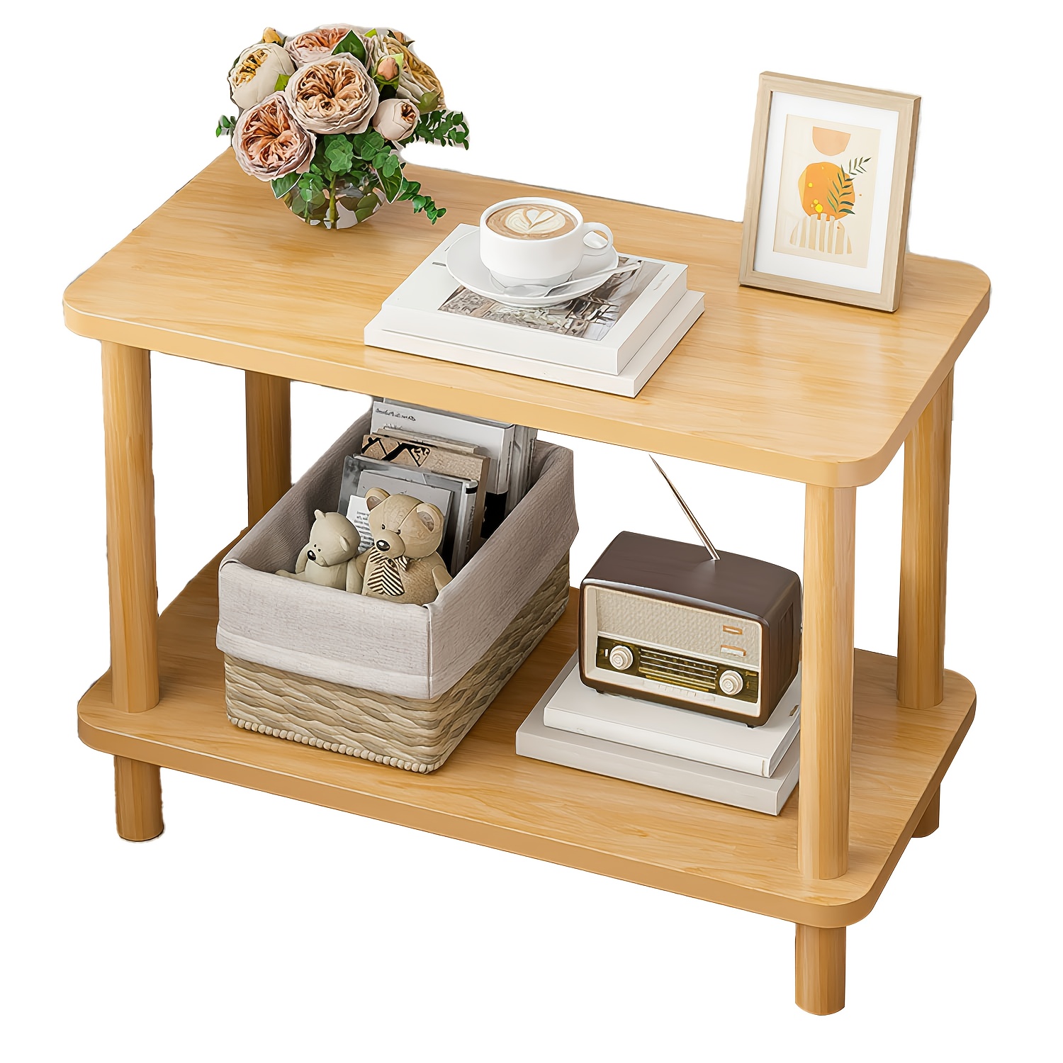 A Two-tier Solid Wood Side Table, Optional With Casters Or Fixed Legs, Used As A Coffee Table/bedside Table, Suitable For Living Room, Bedroom, Or Balcony Sofa Table, 60 X 40 X 53 Cm