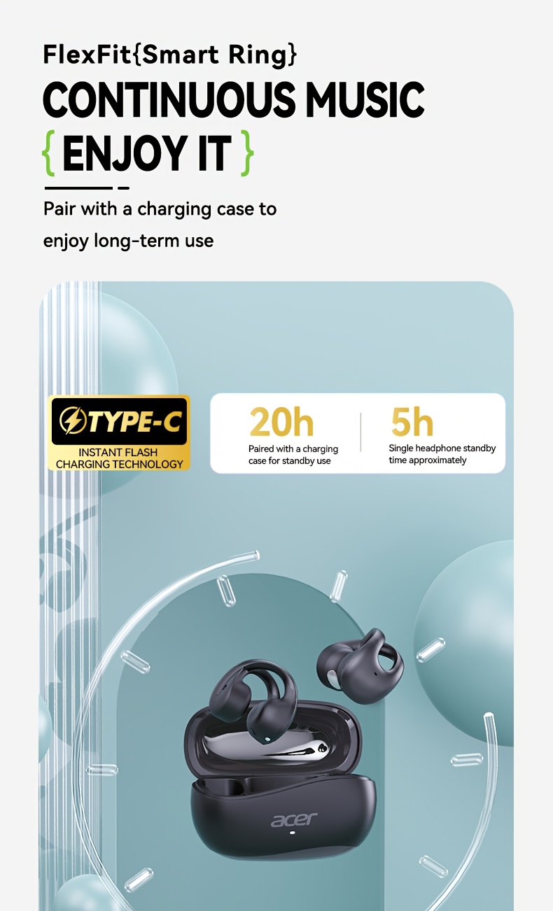 [Acer official genuine] TWS Wireless Headset Heavy Bass Stereo Sound Ultra Long Life Sport Running Clip On Ear Low Latency Gaming Mode HIFI Audio Lightweight Touch Control Design Stylish Design Long Wear No Pain Learning/Telephone/Business/Music Christmas Gift/Valentine's Gift Recommended Multi-Device Compatible Mobile Phone/Tablet/Laptop Built-in Microphone with Type-C Charging Case