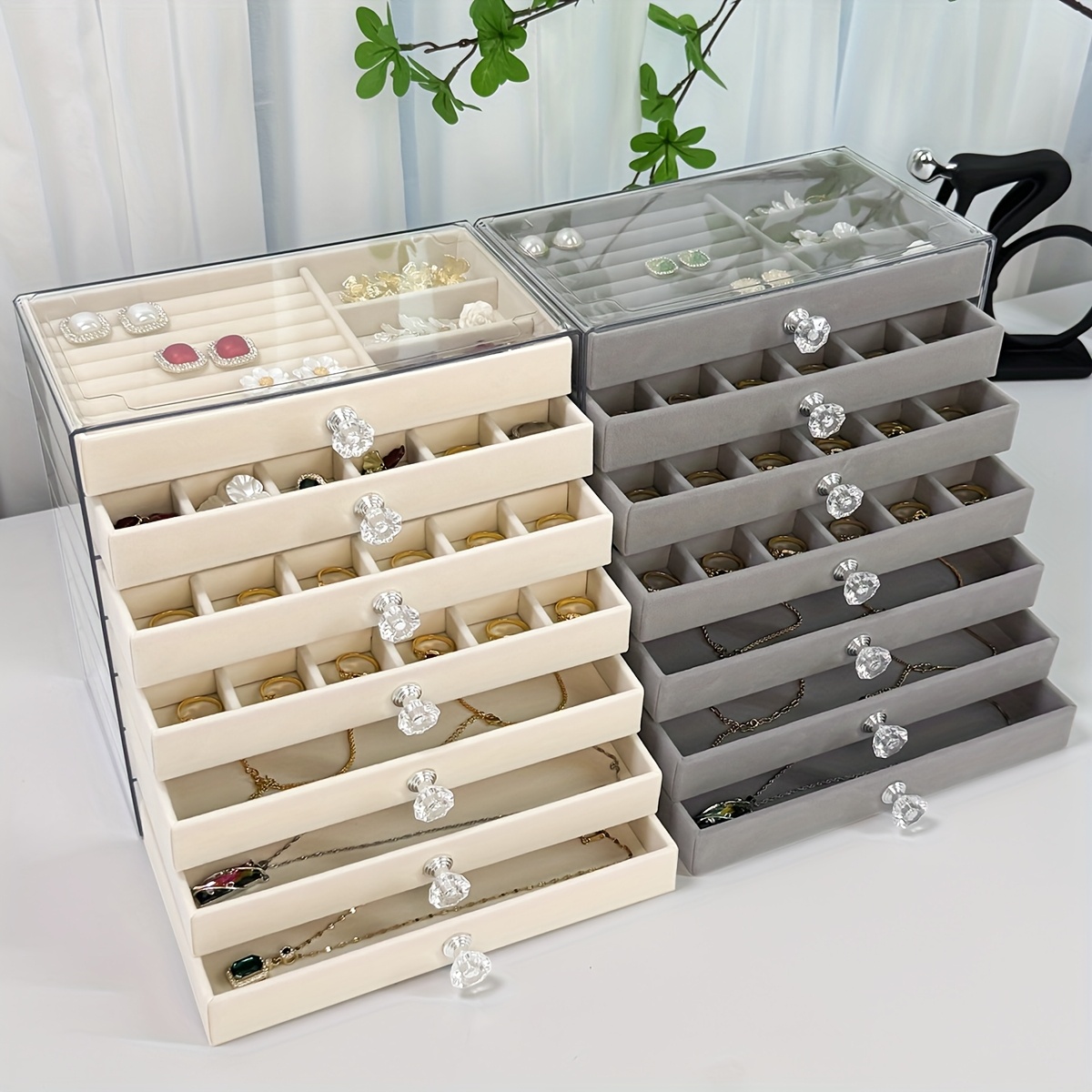 7 layer transparent plastic jewelry organizer box with fabric lined compartments secure   closure contemporary octagonal design multi use desktop storage for earrings rings necklaces jewelry organizer storage durable polished   jewelry boxes Product details 0