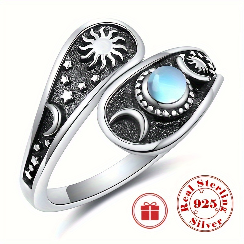 

Vintage Style Adjustable Spoon Ring Moon Star Pattern 925 Sterling Silver Finger Ring Jewelry Gifts For Women With Gift Box