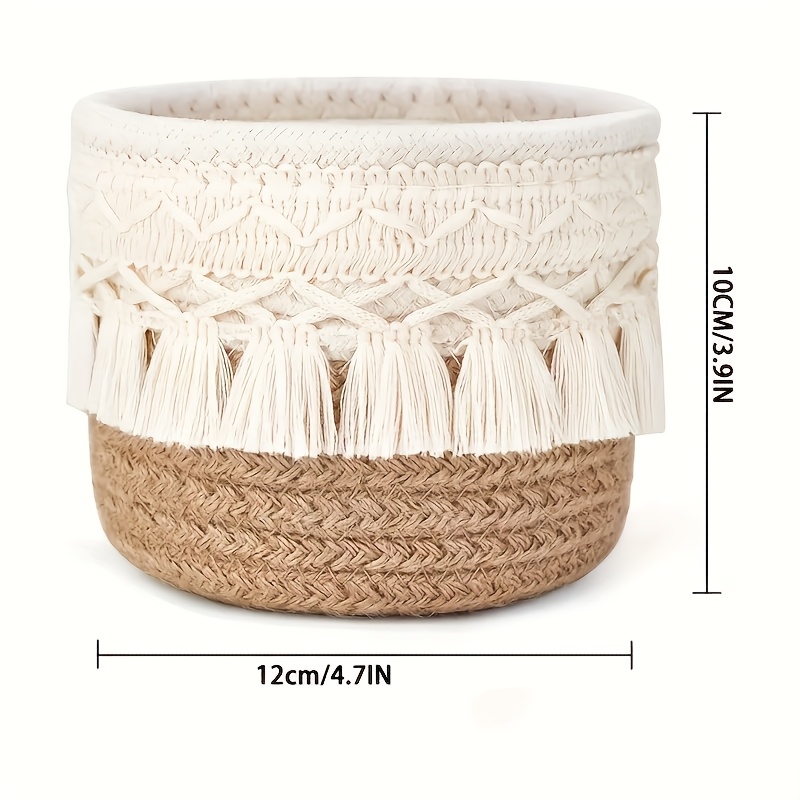 sendpistil vintage round woven desktop storage basket with fringe natural fabric makeup brush organizer for vanity bathroom desk decorative cosmetic accessories organizer shelf baskets Product details 3