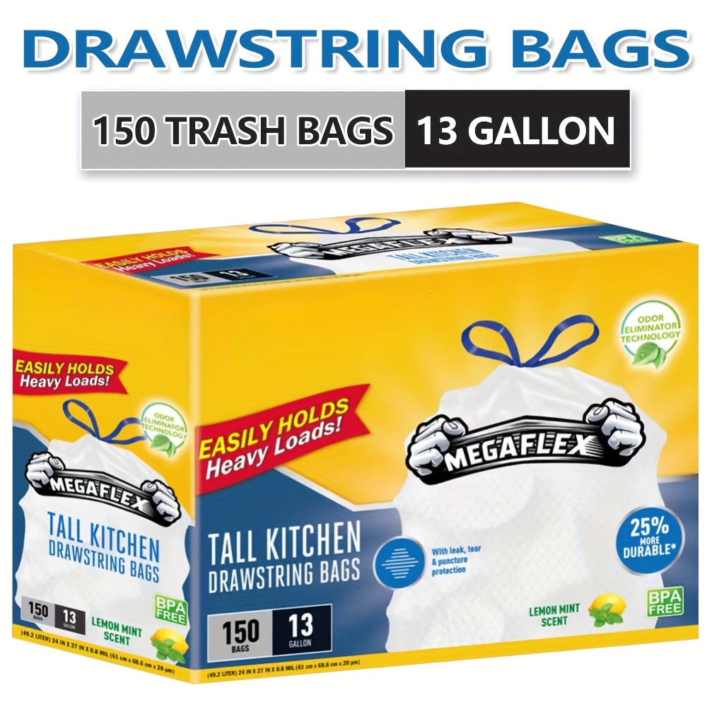 

Boxed Disposable Garbage Bag 150 Pieces Puncture Tear Resistant Trash Bags, 13 Gallon Capacity, Kitchen Drawstring Garbage Bags Scent With Scent, 150 Count