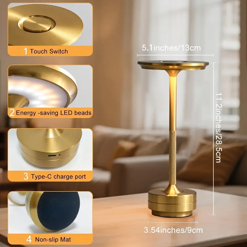1pc control bedside table lamp with usb port adjustable brightness golden metallic usb powered led desk lamp with usb port Product details 6