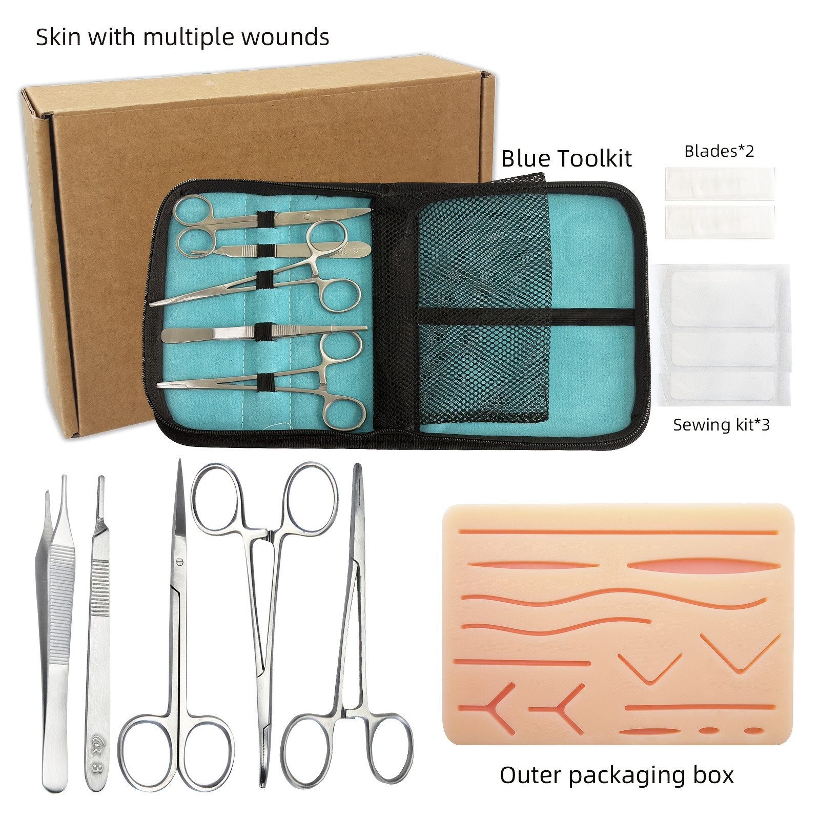 TEMU Suture Set Package, Suture Skill Training, Skin Multi-wound Simulation Module, 14cm Instrument, Wound Suture, Cutting Practice, Easy To Carry,
