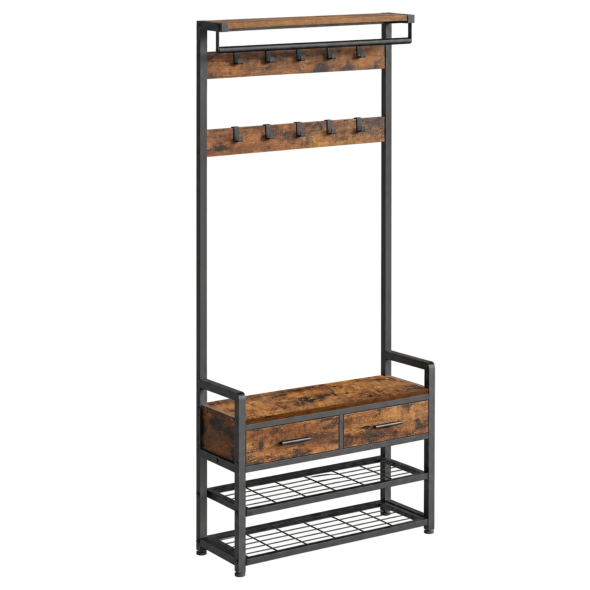 Hall Tree With Bench And Shoe Storage, Hallway Coat Rack With Shoe Bench, 2 Fabric Drawers, 10 Hooks, 30 X 80.4 X 181.6cm, And Ink Black