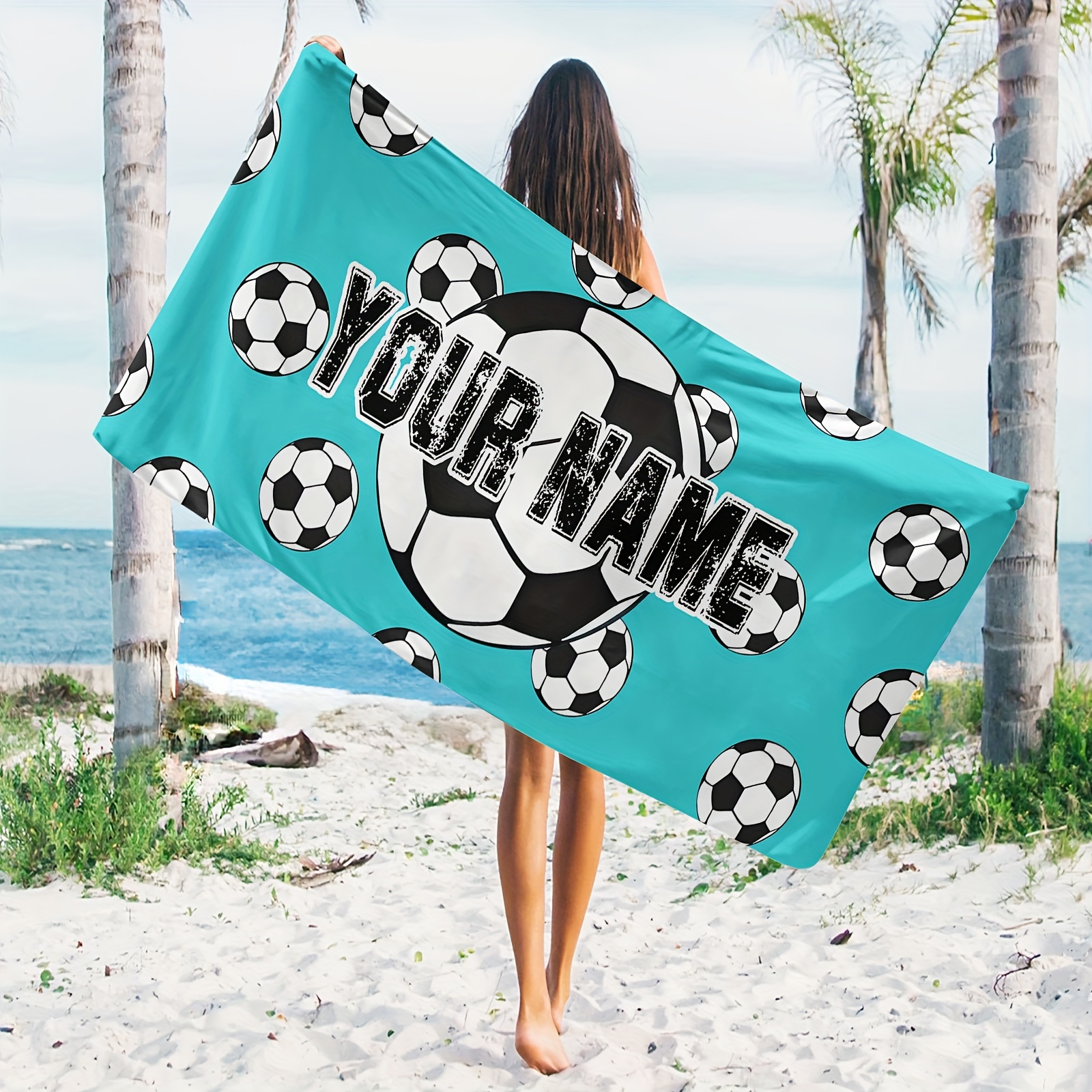 

1pc Name Customized Beach Towel, Football Pattern Personalized Beach Blanket, Super Absorbent & Quick-drying Swimming Towel, Suitable For Beach Swimming Outdoor Camping Travel, Ideal Beach Essentials