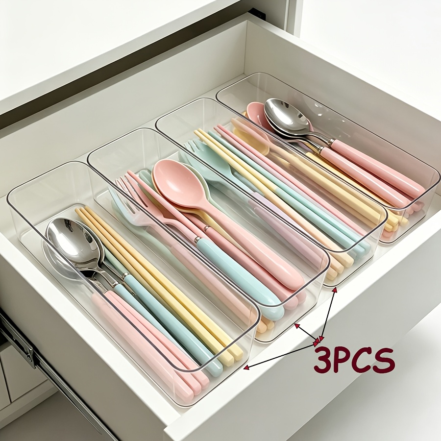 Image of 3pcs Kitchen Drawer Tableware Storage Box Transparent Split Knife And Chopsticks Multifunctional Sundries Storage Transparent Cover- Kitchen Accessories