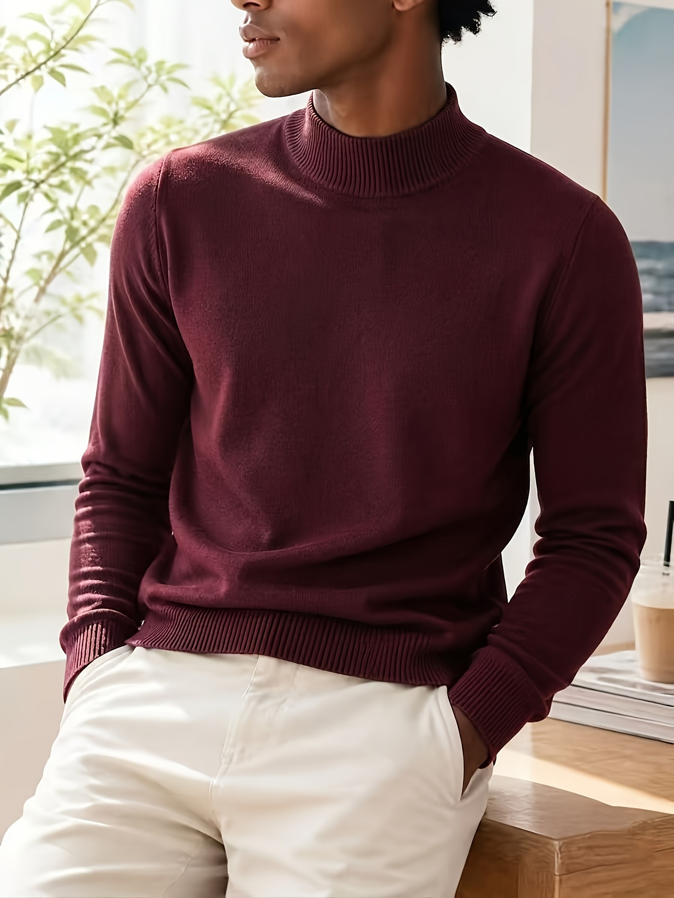 2026 new autumn and winter sweater mens solid color   fit warm semi high collar sweater middle collar inner knit base shirt