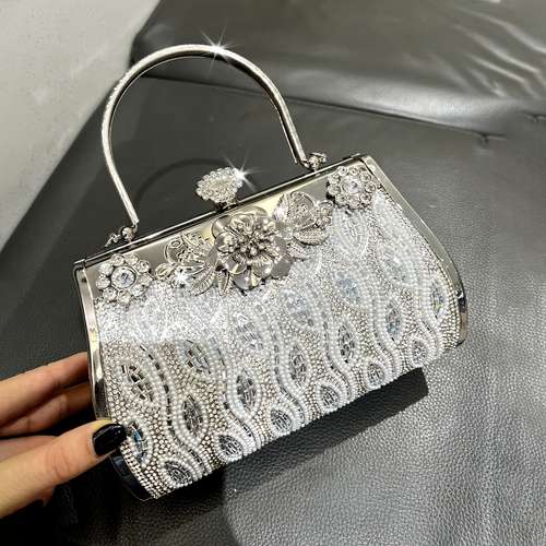 Pochette De Soirée Perles Pour Femme - Sac Réticulé Blanc Cassé Avec Chaîne - Pour Mariage, Cocktail, Soirée élégante