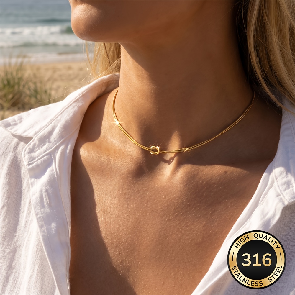 TEMU High-quality Adjustable Stainless Steel 18k Gold Plated Stackable Round Snake Knot Necklace – Stylish, Lightweight, Suitable For Streetwear,