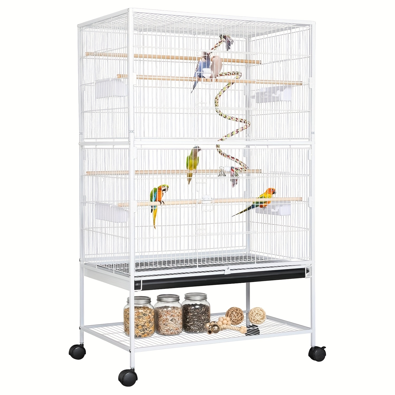 TEMU Großer Vogelkäfig, Metallvogelkäfig, Vogelkäfig mit 4 Rädern, Wellensittichkäfig mit Futternapf, Käfigspielzeug, Vogelschaukel mit 2 Türen 4