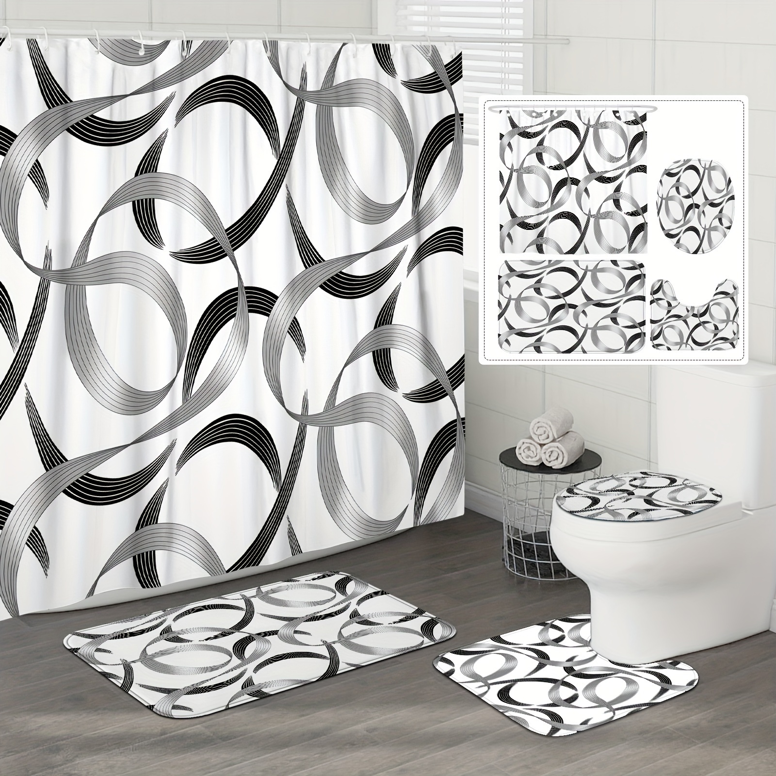 

Geometric Striped Modern Minimalist Shower Curtain Set With Shower Curtain And Rugs - Black And , Waterproof, Machine Washable, 12 Hooks, Non-slip Bath Mat, U-shaped Toilet Lid Cover Mat