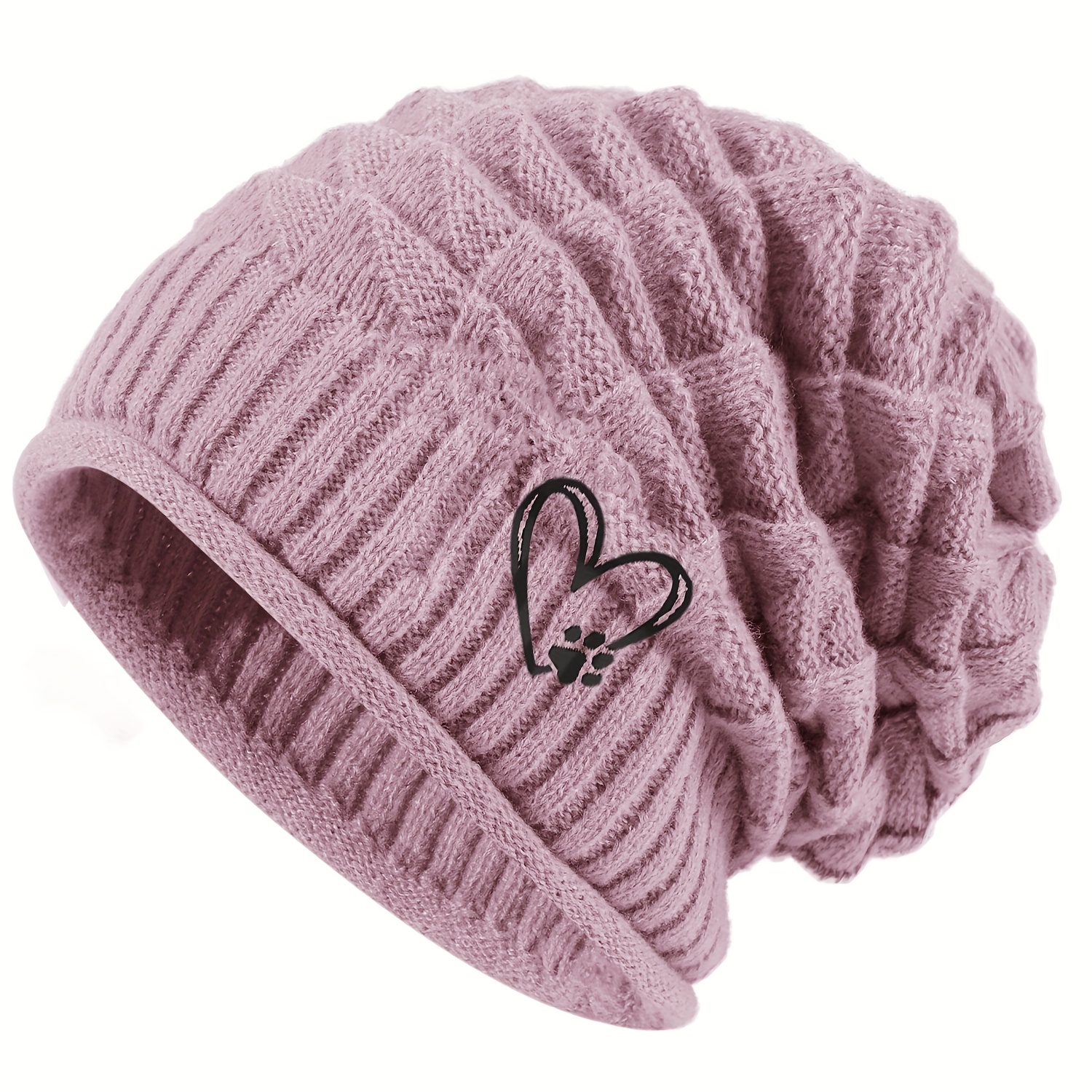 TEMU Women's Fashion Heart And Paw Print Embroidered Beanie, Autumn Winter Warm Comfortable Stretch Hat, Perfect Valentine's Day Gift