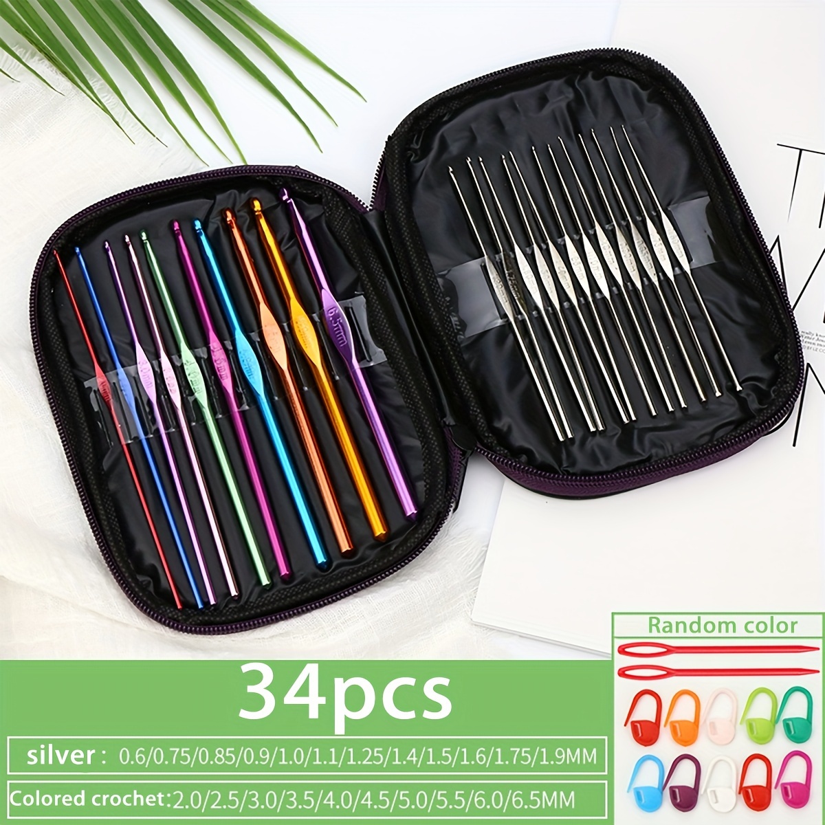 34pcs Crochet Hook Set With Ergonomic Aluminum Needles, Purple Storage Box & Markers - Ideal For Beginners & Knitting Enthusiasts