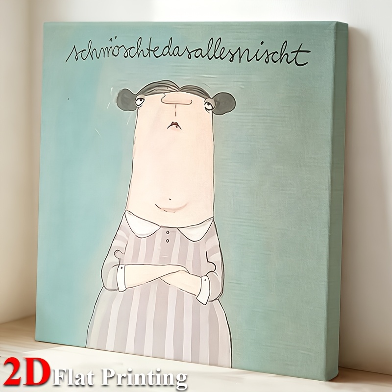 TEMU 2D-Flach, . gerahmtes Leinwandbild, Poster & Drucke, skurrile Leinwand-Wandkunst im Vintage-Stil mit einer Cartoon-Frau im gestreiften