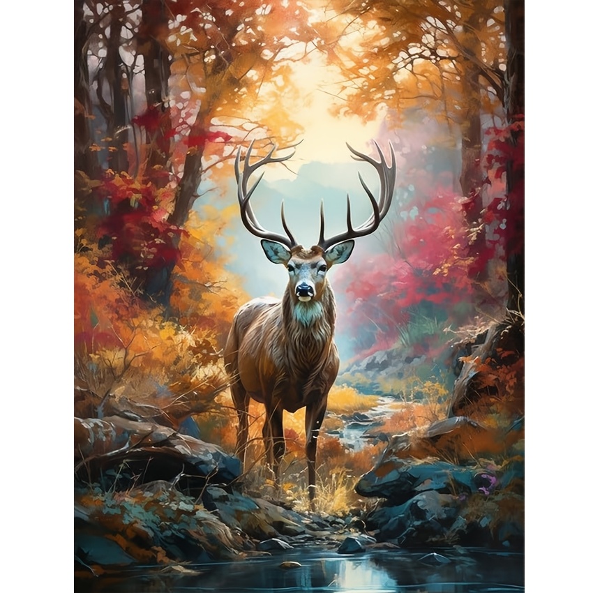 

1pc Autumn Deer 5d Kit, Diy Round Diamond Art, Oil Canvas Animal Theme, Handcrafted Stitch Wall Decor, Home Decoration, , Gift Idea (30x40cm/11.8x15.8in)