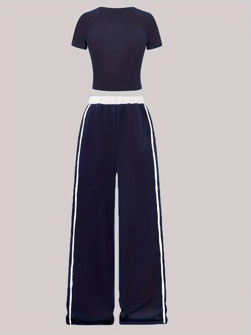 girls casual fashion set with round neck tight shoulder short sleeve and loose pants two piece spring summer outdoor sport suit only top plus pants outdoor