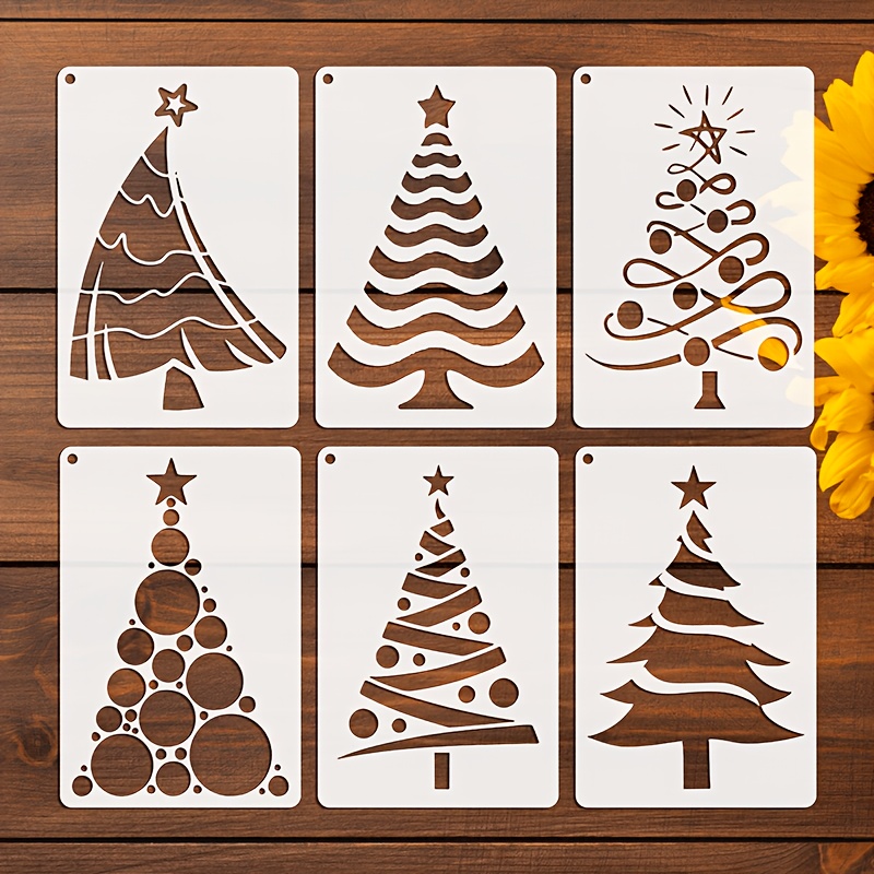 TEMU 6pcs 3.9 X 5.9 Inch Christmas Tree Painting Templates, Reusable For Doodle, Tracing, Spraying, Canvas, Paper, Books, Frames, Walls, Furniture, ,