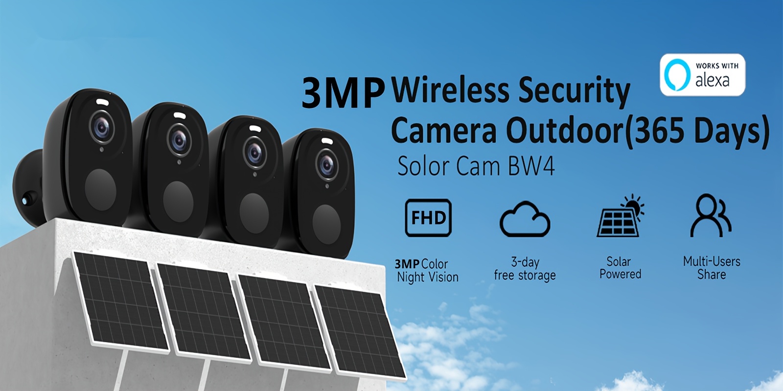 4 Pack AntCctv Security Cameras Wireless Outdoor | 4pcs Solar Powered WiFi Cameras with Color Night Vision, AI Motion Detection, Works with Alexa, 3MP Resolution