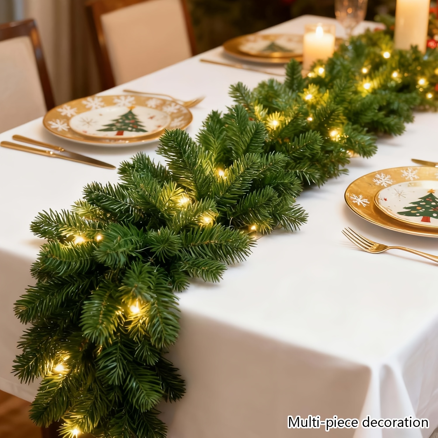 TEMU 2pcs Winter Artificial Decorative Wreath, Each 5.9ft Dark Green Norfolk Pine Rattan Strip With A 6.5ft String Light. Suitable For Fireplaces,